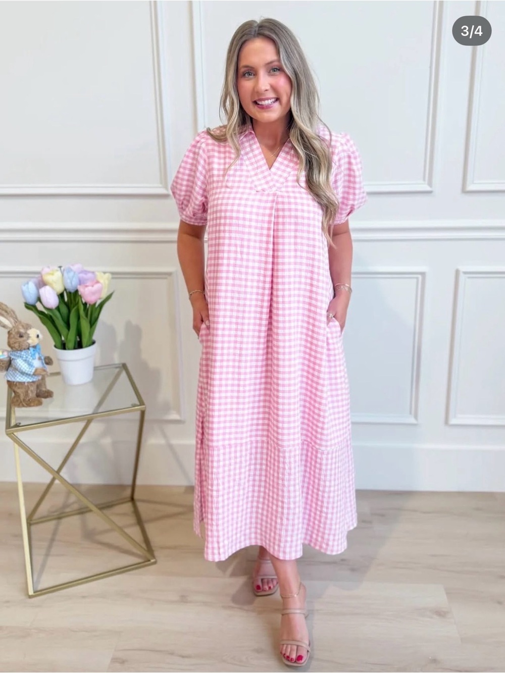 Umgee Pink Gingham V-Neck Maxi Dress